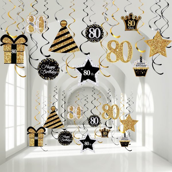 Frienda 40 Pcs 40th Birthday Party Hanging Swirls Decorations for Men Women Forty Birthday Foil Swirls Ceiling Glitter Celebration Streamer Ornaments 40th Birthday Party Supplies(80th Birthday)