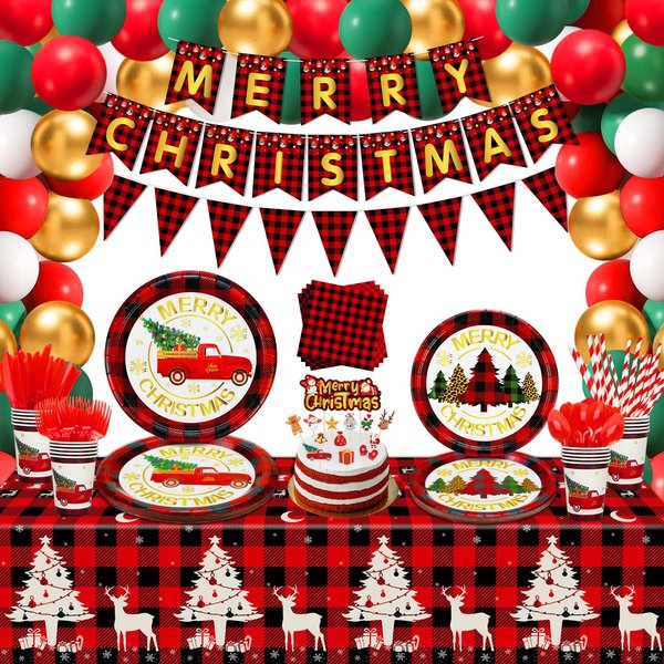 226PCS Christmas Party Decoration Red Black Plaid Christmas Party Supplies Set Christmas Party Tableware Set-Plates, Napkins, Tablecloth, banner for Xmas Holiday Party Dinner Decoration Serves 20