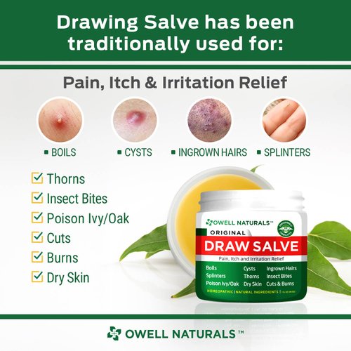 OWELL Naturals Drawing Salve Ointment 1oz, ingrown Hair, Boil, Splinter Remover, Bug Spider Bites, bee Sting, Mosquito bite Itch, Poison Ivy