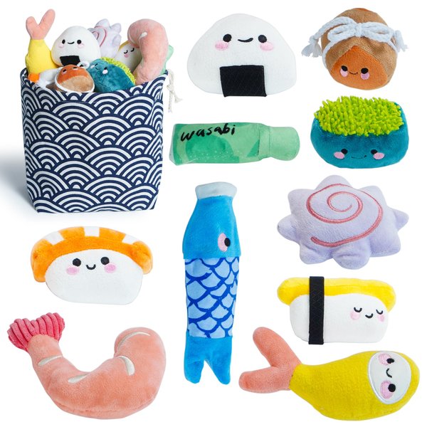 Nocciola 10 PCS Sushi Small Dog Toys to Keep Them Busy, Cute Stuffed Puppy Toys with Bag, Plush Dog Squeaky Toy for Small to Medium Dog, Doggie Birthday Gifts