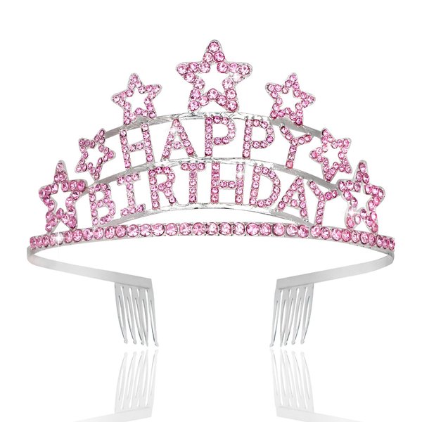 Jaciya Birthday Crown for Women Gilrs Happy Birthday Tiara Pink Birthday Party Decorations Metal Birthday Hair Accessories Happy Birthday Cake Topper