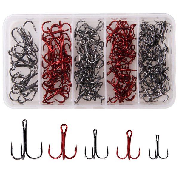 130pcs Fishing Treble Hooks Kit for Saltwater Freshwater, High Carbon Steel Barbed Treble Hooks Strong Sharp Round Bend Triple Fishing Hooks for Catfish Bass Trout Hard Baits Lures