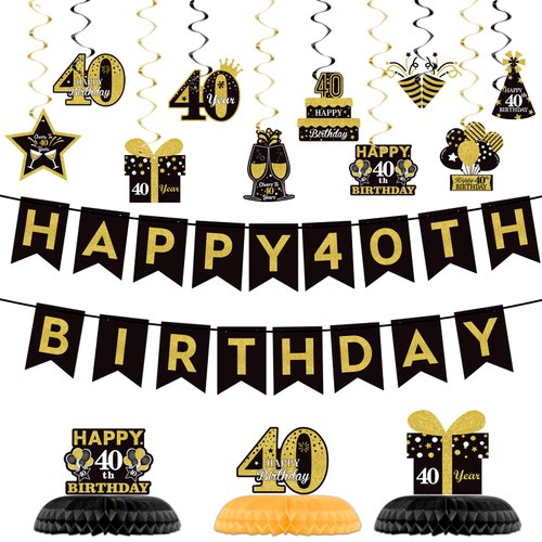 40th Glitter Black Gold Birthday Banner Party Decorations, Happy 40th Birthday Decorations Hanging Swirls Banner Honeycomb Centerpieces for Men Women Happy 40 Years Old Bday Party