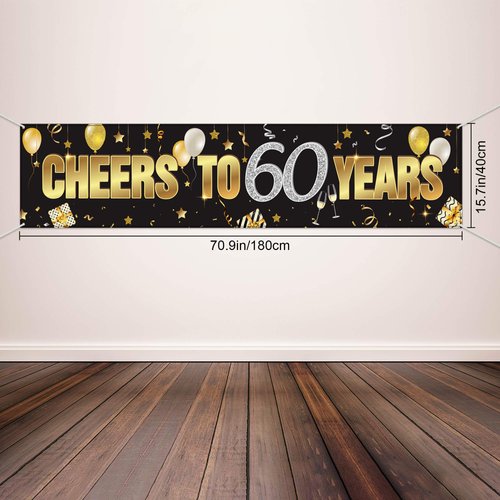 60th Birthday Banner Decorations for Men Women Happy 60th Birthday Banner Cheers to 60 Years Birthday Party Supplies Black Gold Backdrop for 60th Birthday Decor (70.9 x 15.7 Inch)