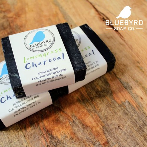 BLUEBYRD Soap Lemongrass Essential Oil Soap - 100% All Natural Charcoal Black Soap Bar | Detoxifying, Cleansing Activated Charcoal Body Wash Bar - Handmade in USA, Vegan (Lemongrass Charcoal)