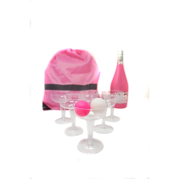 Merz67 Pong-Secco Ping-Pong Drinking Game 12 Champagne Glasses, 2 Balls and Drawstring Backpack, Pink