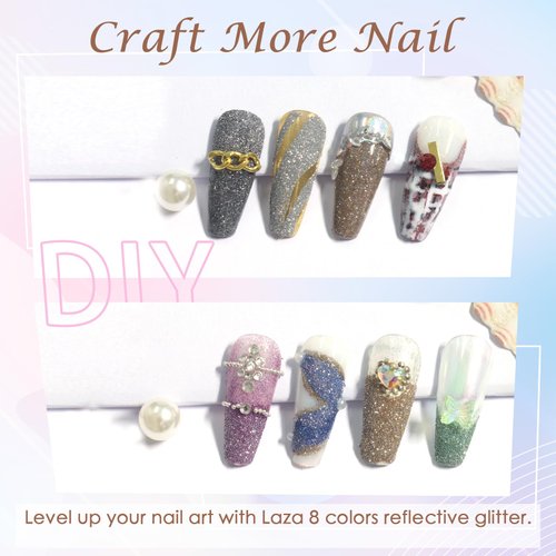 Laza 8 Colors Korea Diamond Nail Powder Sparkling Crystal Glitter Holographic Nail Glitter Dust Laser Silver Mirror Effect Bright Shining Flakes for Acrylic Nails Polish Nail Art DIY Decoration
