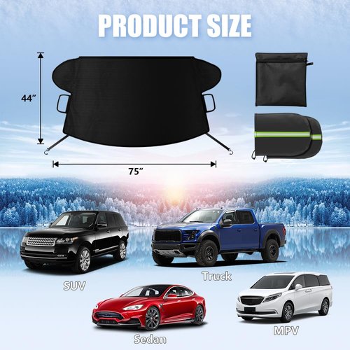 Sompaty Car Windshield Cover for Ice and Snow, Frost Guard Windshield Snow Cover, Performance Brake Kits with Side Mirrors Cover for Snow, Ice, UV Fits Most Cars, Trucks, Vans, SUVs, Black