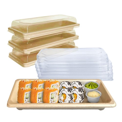 EcoQuality Small Compostable Sushi Trays with Lids - Natural Sugarcane Bagasse Take Out Sushi Container - Biodegradable, Disposable Sushi Plate with Lid, Eco, To go, Serving Tray (25)