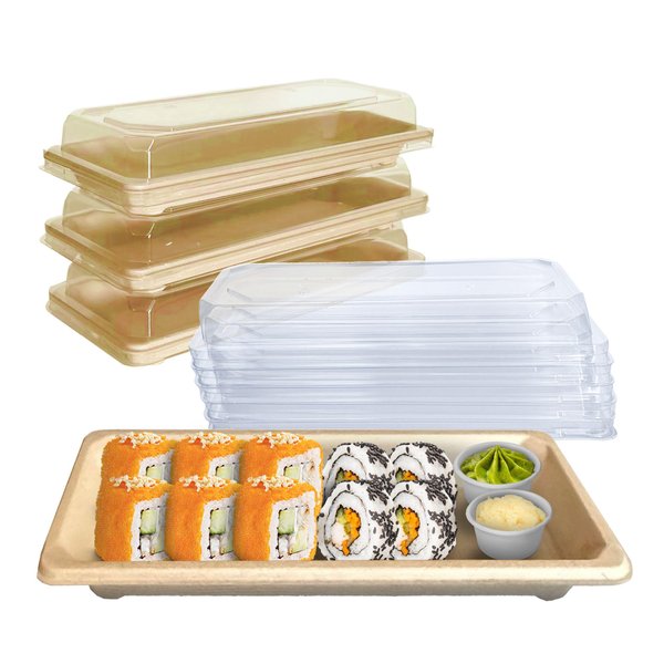 EcoQuality Small Compostable Sushi Trays with Lids - Natural Sugarcane Bagasse Take Out Sushi Container - Biodegradable, Disposable Sushi Plate with Lid, Eco, To go, Serving Tray (25)