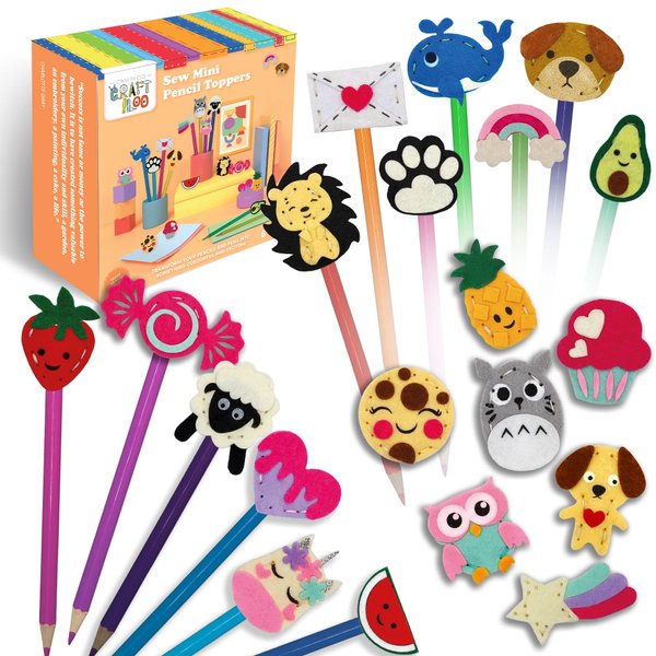 24 Pre-Cut Mini Pencil Toppers Fun Kids Sewing Kit for Kids Ages 8-12 Children Beginners Sewing kit kid crafts Make Your Own Felt Pillow Plush Craft Kit Girls and Boys Art Craft Kits Learn to Sew Kit