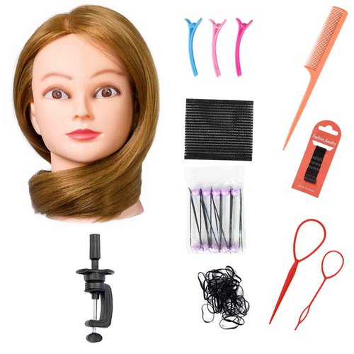 SILKY 26"-28" Long Hair Mannequin Head with 60% Real Hair, Hairdresser Practice Training Head Cosmetology Manikin Doll Head with 9 Tools and Clamp - #27 Golden, Makeup On
