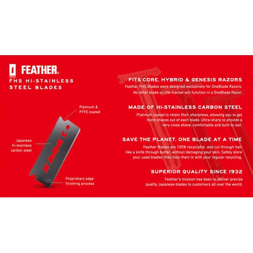 60 Feather FHS-10 Japanese Steel Razor Blades - Refill for OneBlade Core, Hybrid, & Genesis Razors - Single Blade Razor