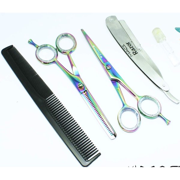 Professional Titanium Barber Scissor Razors Edge Hair Cutting 5 PCs Set 6.25" Barber Shears With 6.25" Texturizing/Thinning Shears Set Made Of High Grade Stainless Steel W/Black Leather Case-15030