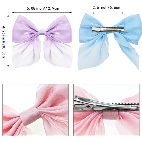 6 PACK Bow Hair Clips, Beaded Fantasy Mermaid Color Ribbon Hair Clip, Short Tail Bow Vintage Solid Color Metal Clips Hair Decoration Accessories