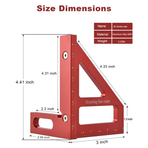 BOXmime Imperial 3D Multi-Angle Measuring Ruler,45/90 Degree Aluminum Alloy Woodworking Square Protractor, Miter Triangle Ruler High Precision Layout Measuring Tool