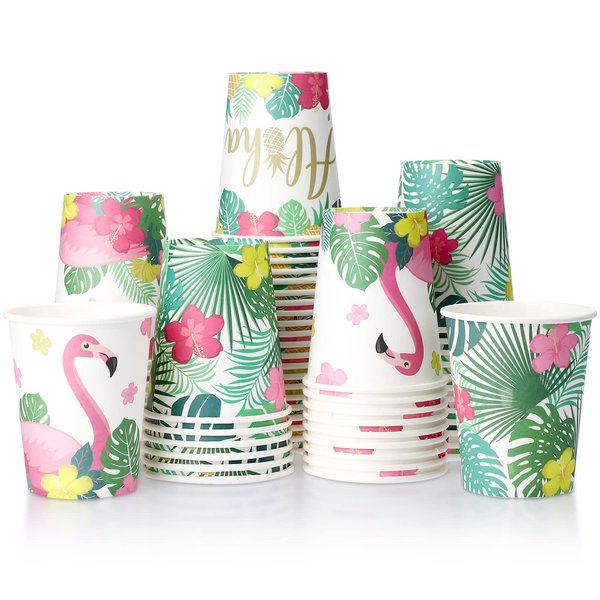 Hoolerry 60 Pieces Luau Cups Aloha Party Disposable Paper Cups Hawaii Aloha Party Decorations Tropical Luau 9 oz Paper Cups Summer Tiki Coconut Cups Pool Beach Party Supplies for Adults Kids