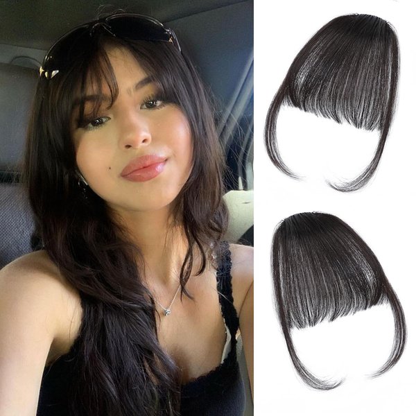 BUPPLER Clip in Bangs 100% Real Human Hair Pieces Hair Clip on bangs for women Faux Bangs Clip in Hair Extensions with Hair Roller for Daily Wear(4.5 * 6 Inch, Brown Black)
