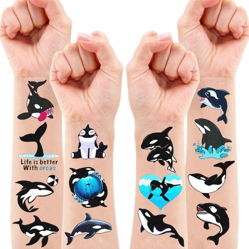 100 PCS Orca Whale Birthday Party Decorations Favors Supplies Sea Ocean Killer Whale Temporary Tattoos Stickers for Kids Cute Gifts School Prizes Rewards