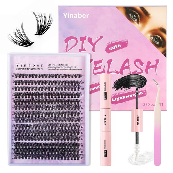 Yinaber Lash Extension Kit DIY 280pcs Individual Lash Clusters Kit 40D Curl 9-16mm Mix Cluster Eyelash Extension Kit with Lash Bond and Seal and Lash Tweezers for Self(40D-0.07D-9-16Mix KIT)
