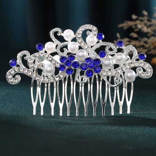 Latious Silver Bride Wedding Hair Comb Rhinestones Bridal Hair Accessories Pearl Hair Piece Decorative Hair Clip for Women and Girls (Blue)