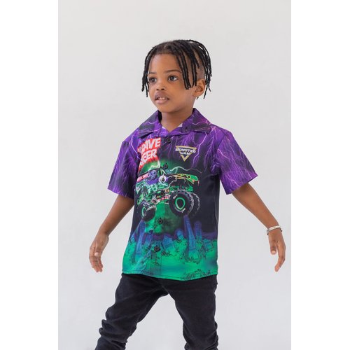 Monster Jam Trucks Grave Digger Toddler Boys Hawaiian Button Down Shirt Purple/Green 4T