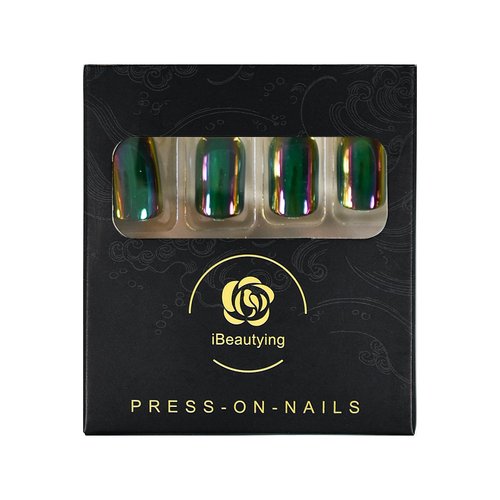 iBeautying Press on Nails - Press On Nails - Chrome Holo Color Green False Nails | Metallic Punk Designed Short Square Reusable Fake Nails in 10 Sizes - 24 Nail Kit with Jelly Glue Pad