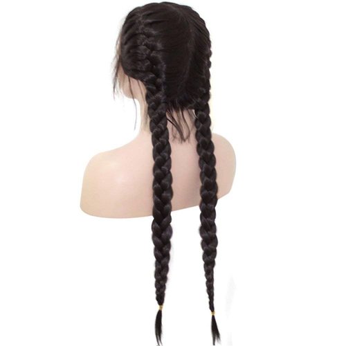 Anogol Hair Cap+Long Double Braids 2# Natural Black Synthetic Braided Lace Front Wig with Baby Hair Wigs Heat Resistant Fiber Middle Part
