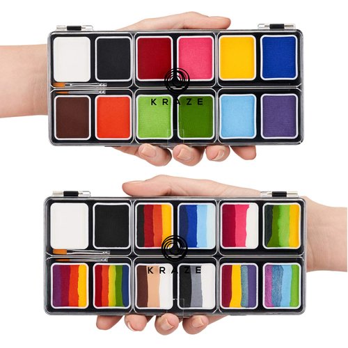 Kraze FX 12 Color Face Paint Palette Set, Value Pack of Primary Colors & Split Cakes Palette with Brushes, Professional Face Painting Starter Kit