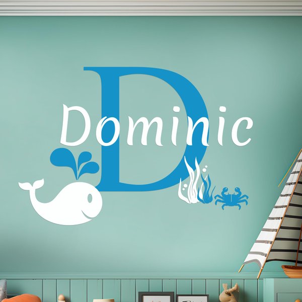 Custom Name Baby Whale Crab - Nautical Aquatic Animals Theme - Baby Boy - Wall Decal Nursery for Home Bedroom Children (AM) (Wide 22" x 15" Height)
