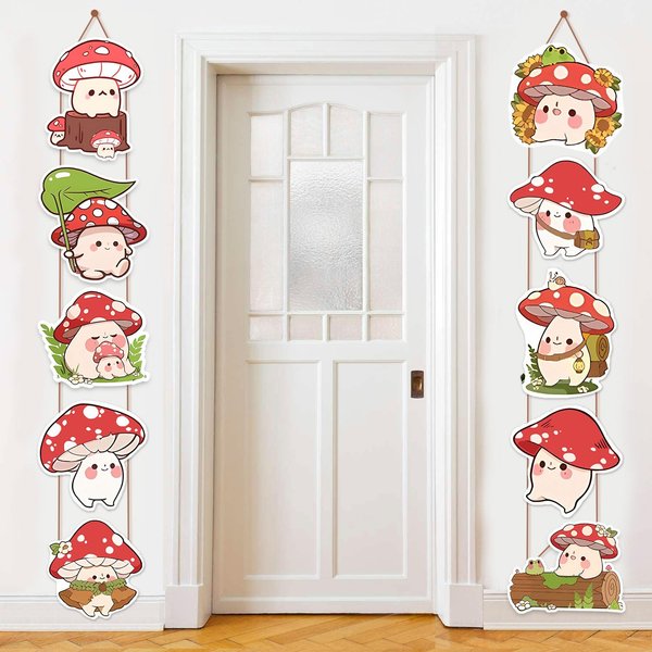 2Pcs Red Forest Mushroom Party Porch Sign Door Hanging Banner Mushroom Themed Party Supplies Door Sign Hanging Banners for Birthday Baby Shower Party Decorations