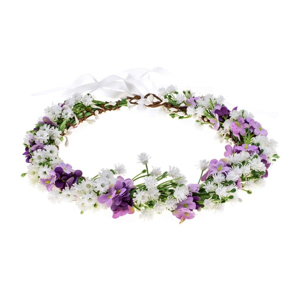 Floral Fall Artificial Baby Breath Flower Halo Wedding Crown Pink Bridal Headpiece Greenery Crown HC-24 (White purple flower)