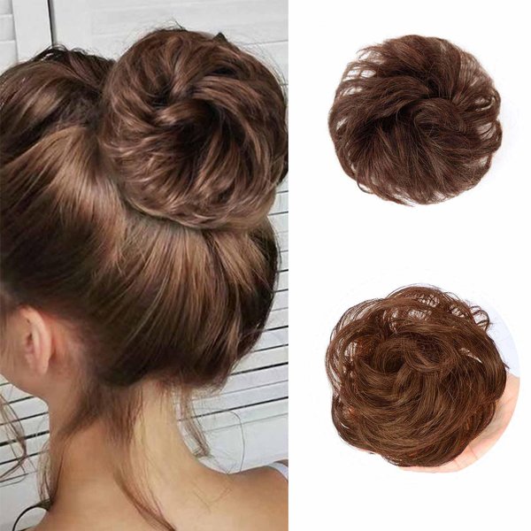 YOSILADY Messy Bun Hair Piece Human Hair Light Brown Hair with Elastic Band Scrunchies Stretchy Fluffy Chignon Ponytail Hairpieces Updos for Women Girls (Light Brown, Curly)