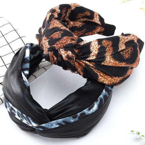 Bouory Leopard Print Headbands Knotted Bows Hairband Cheetah Wide Head Bands Leather Chain Hair Hoop for Women and Girls 2PCS (Type B)