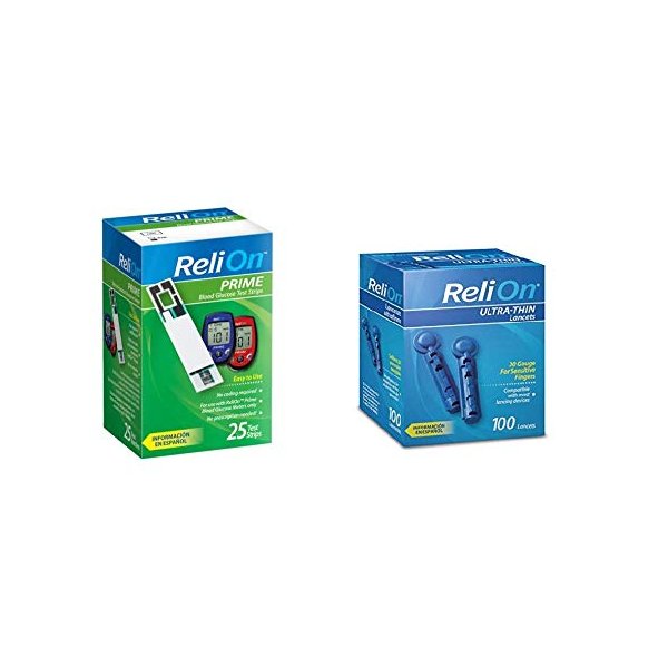 ReliOn 30G Ultra-Thin Lancets, 100-ct | ReliOn Prime Blood Glucose Test Strips, 25-ct | Bundled Set