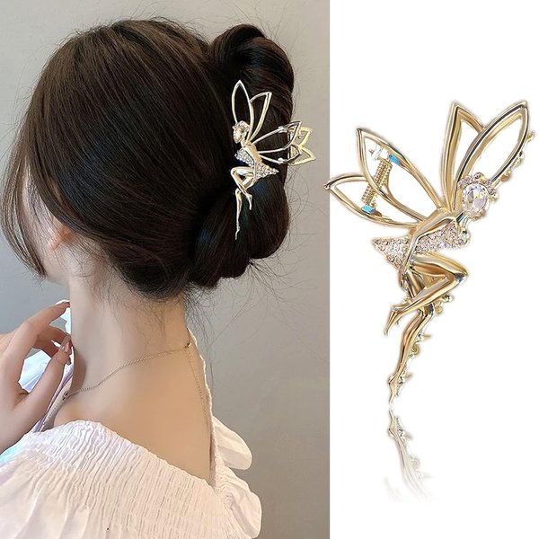 Gold Elf Hair Clip Metal Hair Clips, Rhinestone Hair Claws Fairy Hair Claw Clips for Thick Hair Gold Claw Clip Hair Barrettes Crystal Hairpin Elf Hairclips Shark Clip Hair Accessories and Women