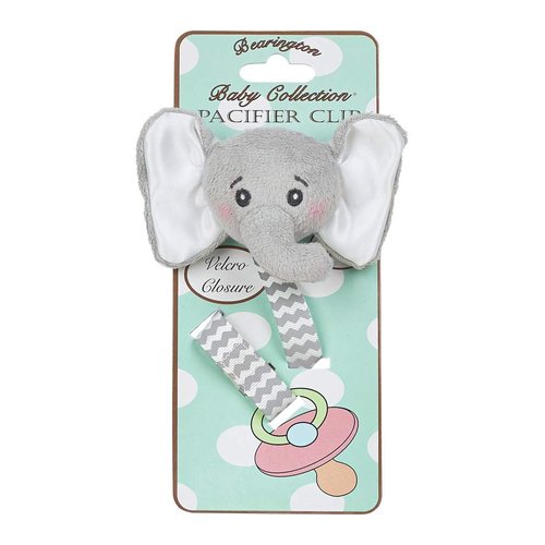 Bearington Collection Baby Pacifier Holder Clip for Baby Girls & Boys | Lil’ Spout Plush Gray Elephant Binkie & Paci Clip | Non Silicone | Satin Leash, Strap, & Binky Clip