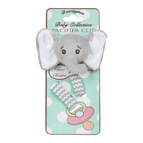 Bearington Collection Baby Pacifier Holder Clip for Baby Girls & Boys | Lil’ Spout Plush Gray Elephant Binkie & Paci Clip | Non Silicone | Satin Leash, Strap, & Binky Clip