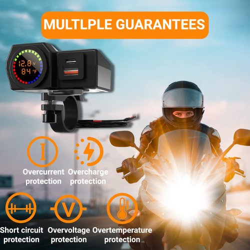 Bebeeco Motorcycle USB Charger, Waterproof Handlebar Clamp Power Adapter Charger, Quick Charge 3.0 USB + Type C Dual Port, with Voltmeter & Temperature & ON/Off Switch for Motorbike/Motorcycle/ATV