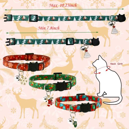 CooShou Christmas Cat Collar Set - Xmas Cat Adjustable Breakaway Collars with Bells & Charms 4Pcs Per Set