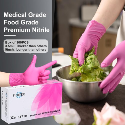 FINITEX Pink Nitrile Disposable Latex Free Gloves - 3.5mil 100PCS/Box Latex Free Powder Free 9inch Gloves Guantes de Nitrilo Cleaning Medical Exam Food Cooking Gloves(100, X-Small)
