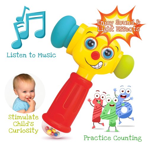 Toy Hammer w/Lights, Learning Mode and Music Mode – Baby Hammer Toy Plays 6 Short Kids' Songs, Counts 1-10 w/Baby, Changes Funny Expressions and Lights Up – for Kids 12 Months and Older