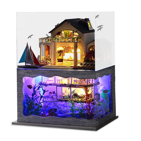 Spilay Miniature Dollhouse Kit with Furniture,DIY Dollhouse Kit Mini Modern Villa Model Plus Dust Cover and Music Box,1:24 Scale Creative Room Idea for Children Birthday Gift(Hawaii Impression)
