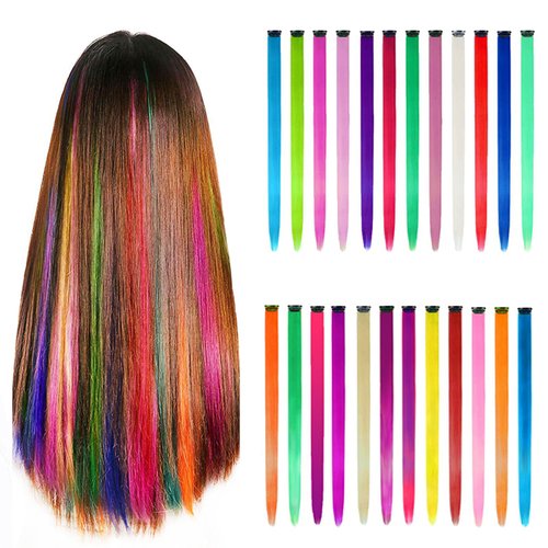 BILISTONE 24 Pcs Colored Clip in Hair Extensions, 22 Inch Long Straight Synthetic Hairpieces Multi-colors Party Highlight for Women Kids Girls(24Pcs)