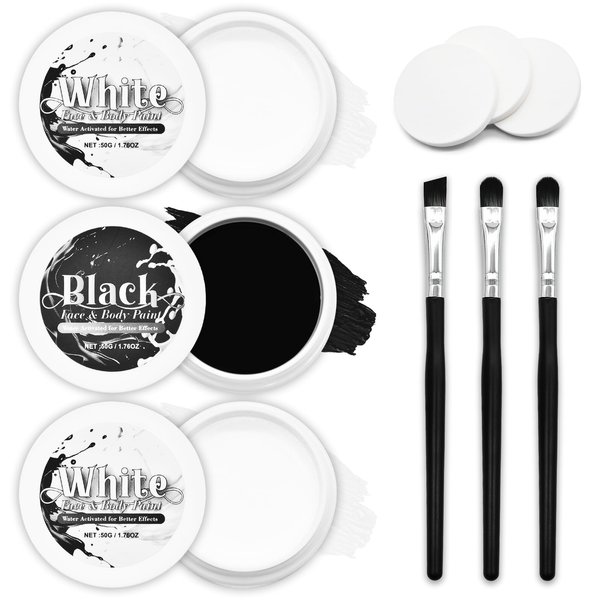 3-Piece Black White Face Paint Set (2 White, 1 Black) - 1.76 oz Each, Includes Sponge and Brushes, Professional SFX Makeup Kit for Halloween, Skeleton, Ghost, Skull Cosplay, Full Coverage Body Paints