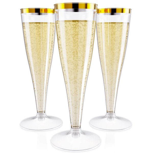 JOLLY CHEF 36 Count Plastic Champagne Flutes 4.5 oz Gold Rim Clear Disposable Toasting Glasses