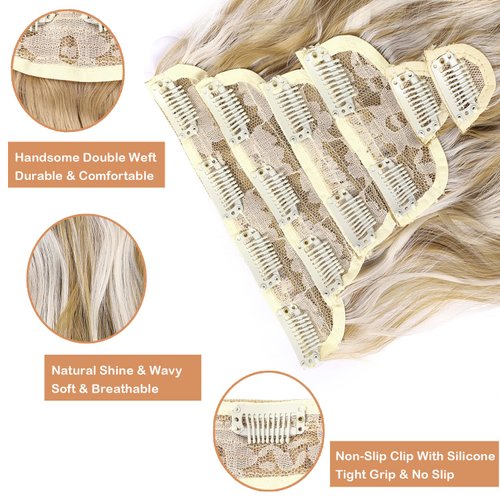 ELIO Clip in Hair Extensions, 20 Inch 6PCS Synthetic Long Thick Wavy Hair Clip Ins Extensions Double Weft Hairpieces Full Head For Women Extension 240g(8.47oz) (Golden Brown Mix Bleach Blonde)