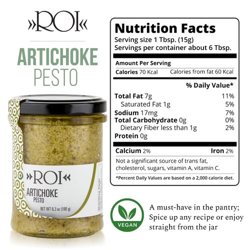 ROI Italian Artichoke Dip - Gourmet, Healthy, Vegan, Natural Artichoke Pesto for Bruschetta, Spinach Artichoke Dip, Sandwich Spread 6.3oz (180g) - Pack of 1