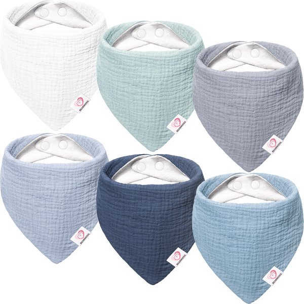 Bearmoss Muslin Baby Drool Bibs 6Pcs Soft 100% Cotton Bibs Triangular Adjustable Baby Bandana Bibs Ideal Gift for Baby Girls & Boys Newborn Baby Teething and Drooling (Blue)