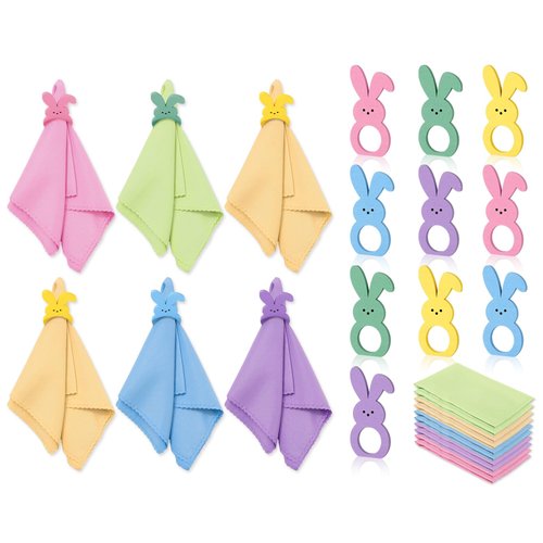 FYSUIMU 10 Sets Easter Pastel Napkin Cloth with 5 Colors Reusable Wooden Bunny Napkin Ring Holder for Spring Easter Wedding Party Table Setting Decor Supplies
